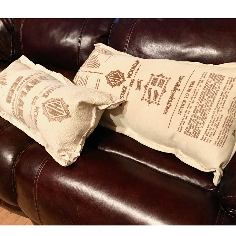 Real Seed Sack Pillows Easy DIY This post explains exactly how to sew with just one seam these rustic pillows from real seed sacks! The post has links to the cutest seed sacks too! 