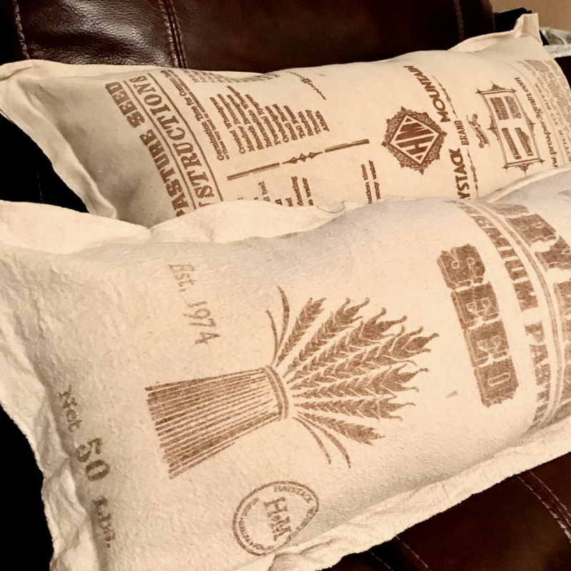 Real Seed Sack Pillows Easy DIY This post explains exactly how to sew with just one seam these rustic pillows from real seed sacks! The post has links to the cutest seed sacks too! 